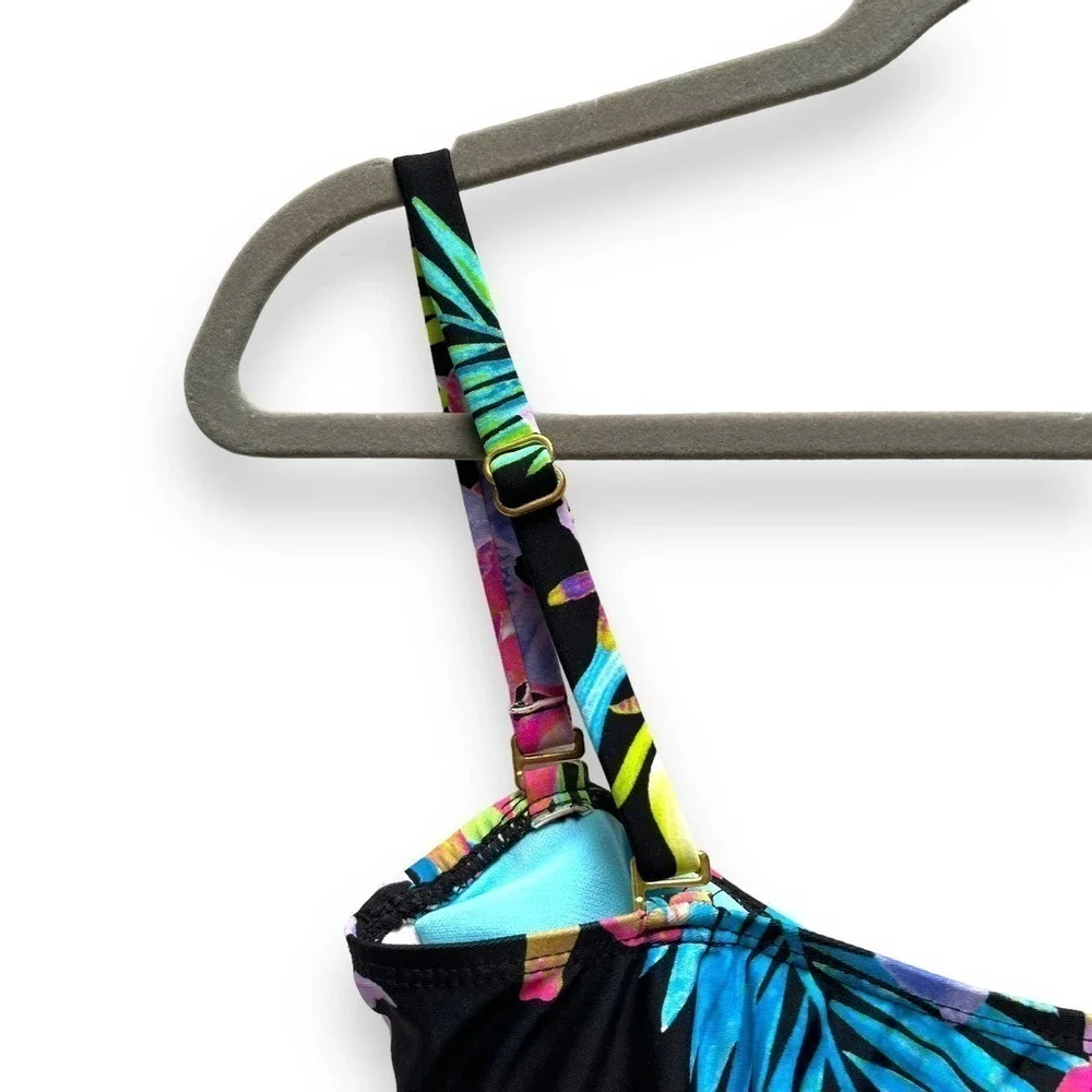 Island Escape Black Multi Color Tahiti Floral Bandini Tankini Top Size 8 - Picture 8 of 12